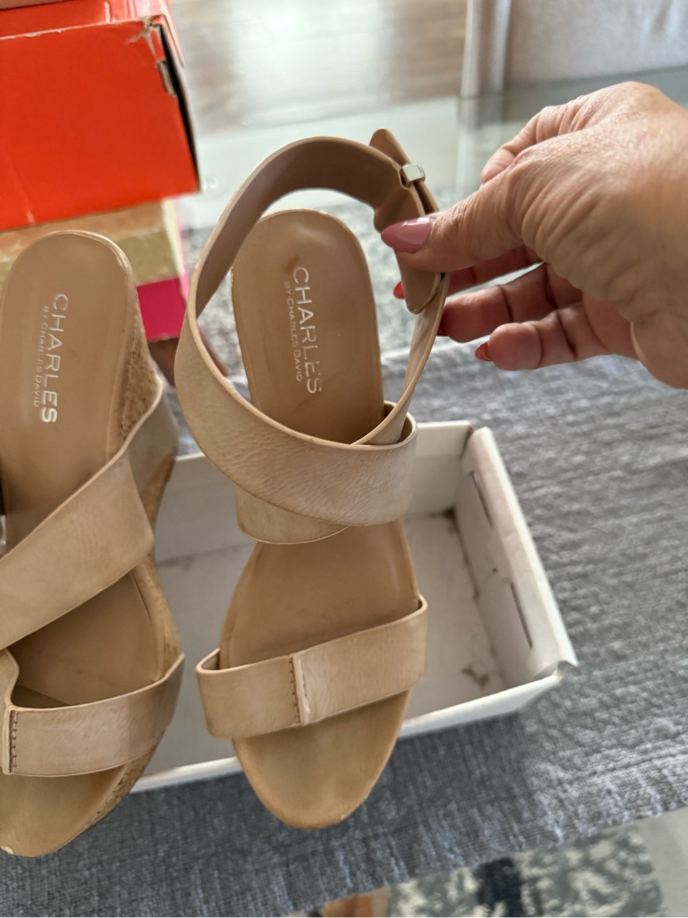 Charles By Charles David Nude Tan Leather Wedge Sandals